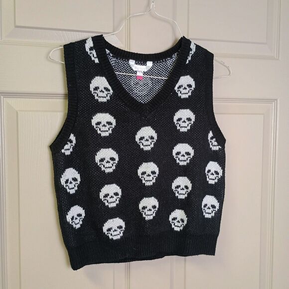 No Boundaries Junior Skull Vest Size Large 11-13 Black White Halloween Vneck - Picture 1 of 5